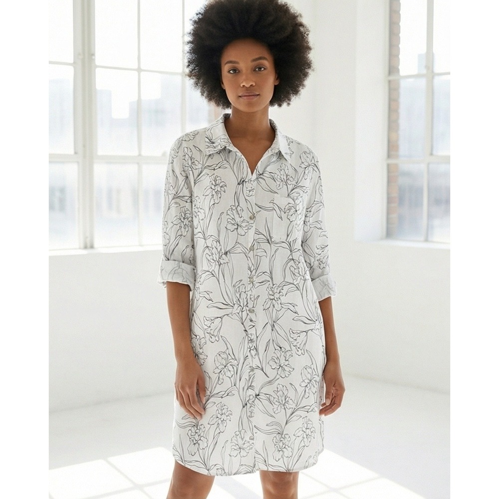 Cynthia Rowley 100% Linen Floral Shirt Dress White Black XL Roll Tab Sleeve
